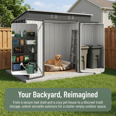 Lockable Metal Outdoor Storage Shed in Galvanized Steel, Rust-Resistant and Waterproof, open showing tools and dog bed
