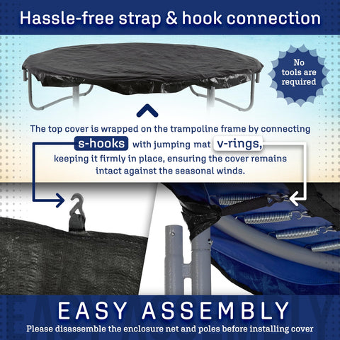 6Ft Round Trampoline Weather Cover For All Weather Protection showing strap and hook connection for easy assembly
