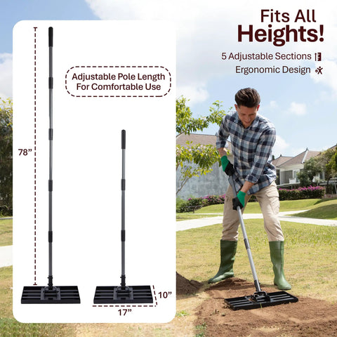 Heavy Duty Lawn Leveling Rake With 6.5 Ft Adjustable Pole, 17 By 10 Inch Leveler Tool used by man to smooth soil in garden