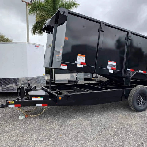 Side view of a black trailer lift showing frame and wheels, suitable for All In One Hydraulic Power Unit Replacement Kit installation.