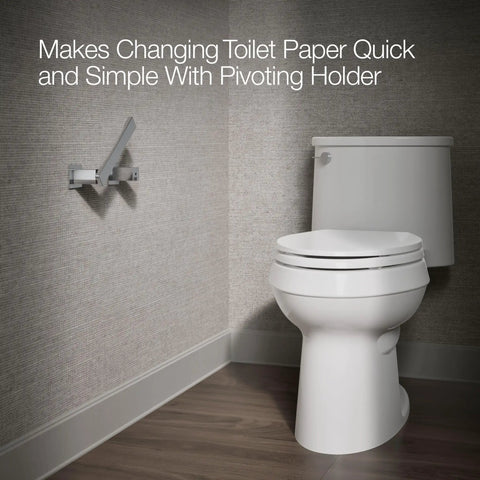 Honesty Pivoting Toilet Paper Holder For Modern Bathrooms No Fuss Easy Paper Change Sleek Square Design with chrome finish next to toilet