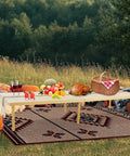 Folding Picnic Table With Table Runner Portable Boho Wooden Table 80 By 30 Inches With Adjustable Heights For Indoor Outdoor Use Ideal For Camping Beach Wedding Gardens And Parties Large Table For Eight outdoors with picnic setup