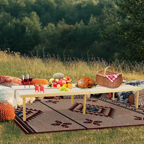 Folding Picnic Table With Table Runner Portable Boho Wooden Table 80 By 30 Inches With Adjustable Heights For Indoor Outdoor Use Ideal For Camping Beach Wedding Gardens And Parties Large Table For Eight outdoors with picnic setup