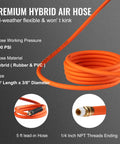 Premium hybrid air hose with 50 ft length, 3/8 inch diameter, 300 PSI pressure, hybrid rubber and PVC, 5 ft lead in, NPT threads.