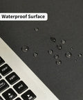 Beastly Gaming Mouse Pad 36 By 17 Inches Waterproof Non Slip Desk Keyboard Mat with water droplets on surface near laptop keyboard.