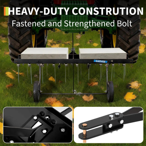 Heavy Duty 48 Inch Tow Behind Dethatcher With 24 Spring Steel Tines And Lift Handle For ATV Or Mower Lawn Rake Demonstration