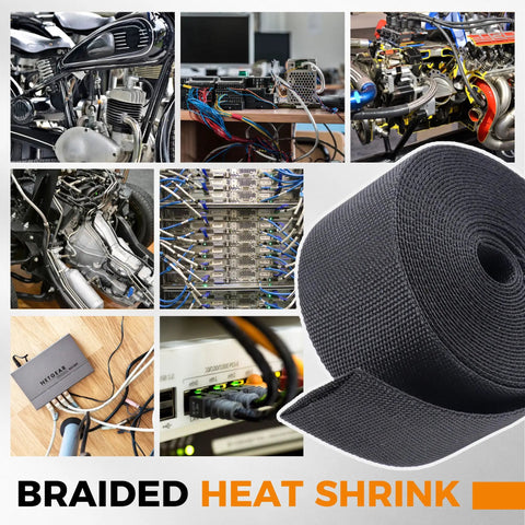 Heat Shrink Braided Sleeving For Wires And Cables Three Eighths Inch By Fifteen Feet High Temperature Rugged Automotive Grade Protection Tough Durable Insulation Temperature Range Minus Thirty One To Two Hundred Eighty Four Fahrenheit, black braided roll