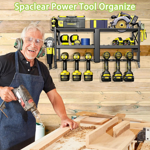 Heavy Duty Wall Mounted Power Tool Organizer Rack With Six Drill Holders For Cordless Drills Three Layer Metal Tool Storage For Garage Shop Black Finish shown with tools and worker