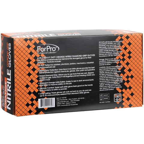 Side view of ForPro Professional Collection heavy-duty orange nitrile gloves box, 8 mil, XX-Large, 100-count