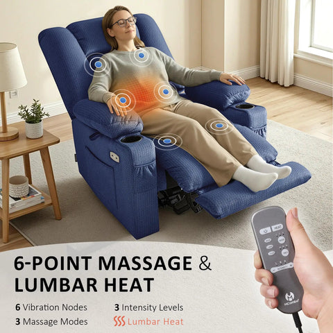 User relaxing in Zero Gravity Power Recliner Chair With Heat And Vibration Massage USB Type C Ports Remote Cup Holders 155 Degree Recline For Ultimate Chill So Comfy In The Living Room Navy Fabric 6079