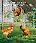 Chickens inside Large Walk In Chicken Coop With Solar Light And Outdoor Metal Poultry Cage With Run And Hardware Cloth Built Tough Waterproof And UV Resistant Hen House For Farm And Backyard, showing cozy roost bars.