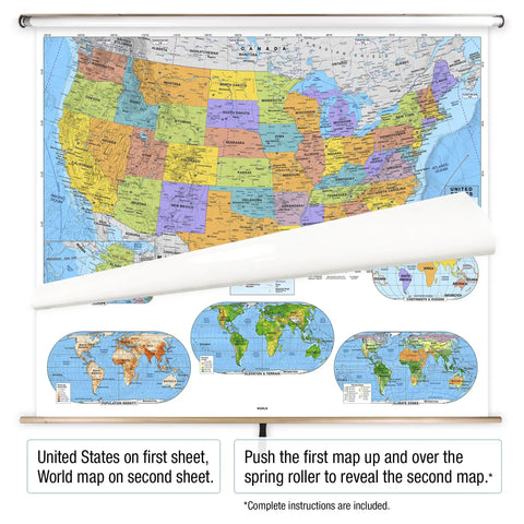 Pull Down World and US Political Classroom Map Set for Grades 9 Plus, 63 Inch Wide with bright colors showing clear major cities