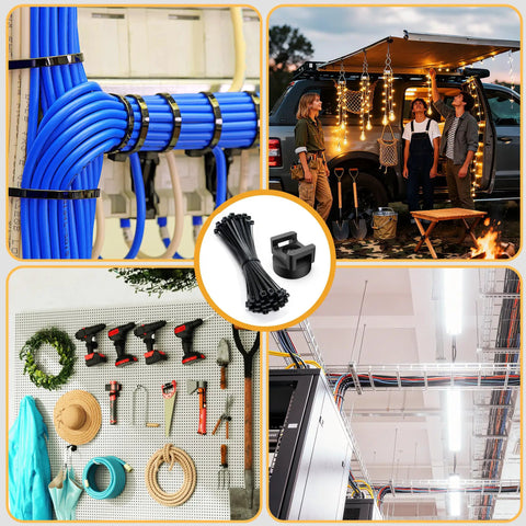 Collage showing uses of Magnetic Zip Tie Mount Base Set With 110 Pieces 26Lb Strong Hold Multipurpose Magnetic Cable Tie Clips