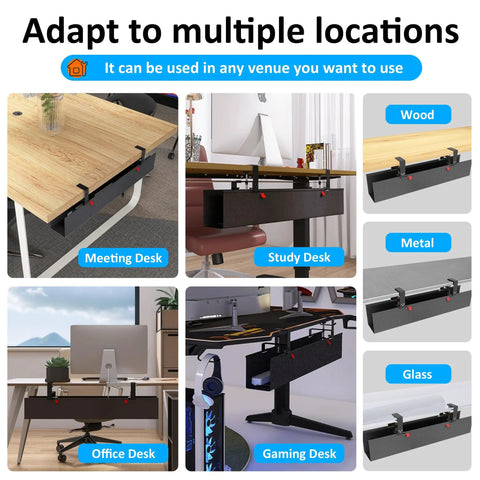 Under Desk Cable Management Tray With Fabric Wire Organizer Clamp Or Screw Mount showing installation on various desk types