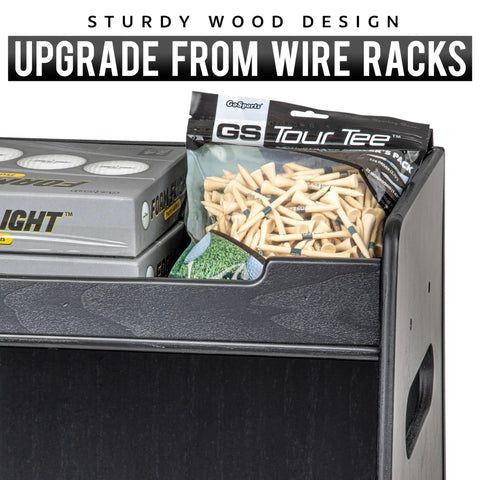 Close-up of premium wooden gear organizer corner with golf tees and boxes, showcasing sturdy design, ideal for garage storage.