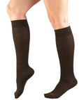 Women Knee High Compression Socks 15-20 MmHg Moderate Graduated Support Lightweight Breathable Rib Knit Dress Stockings In Brown shown on legs.