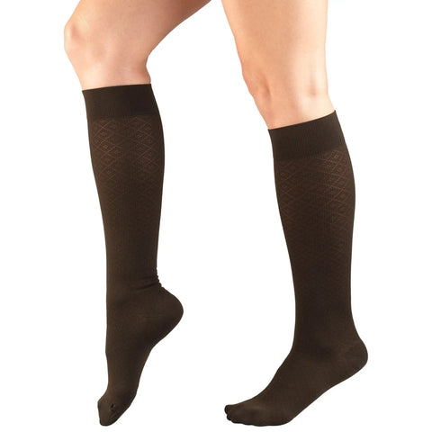 Women Knee High Compression Socks 15-20 MmHg Moderate Graduated Support Lightweight Breathable Rib Knit Dress Stockings In Brown shown on legs.
