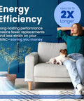 Woman and dog on sofa in energy-efficient home using 213 Replacement Filter For Whole House Air Purifier MERV 13 20x25x4 Pack Of 2.