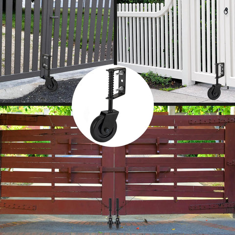 Heavy Duty Gate Wheel Caster With Spring Loaded Mechanism, 360 Degree Swivel Rubber Wheel For Wooden Barn Gates, Rust Resistant Outdoor Gate Support Roller, Built To Last, 2 Pack shown installed on various gates