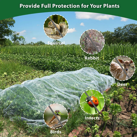 Ultra Fine Garden Mesh Netting Pest Barrier Ten By Fifty Feet covering plants in garden with animals depicted