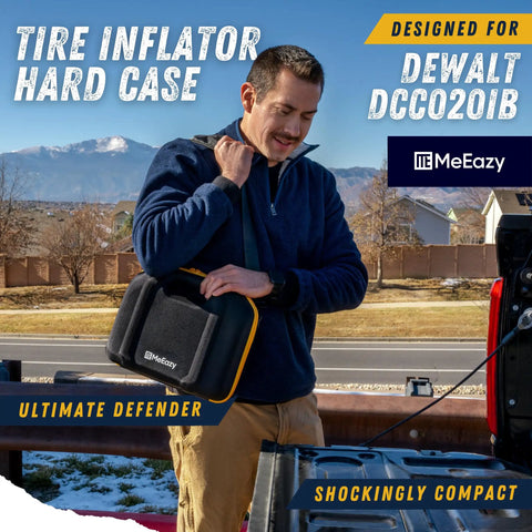 Person carrying Hard Case for Dewalt DCC020IB 20V Max Tire Inflator with shoulder strap in outdoor setting