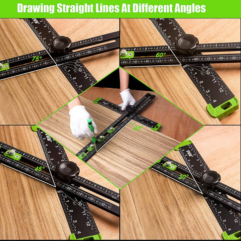 Image of 6 In 1 Adjustable T Square With 24 Inch Drilling Positioning Ruler Cabinet Hardware Jig And Marking Gauge Tools For DIY Woodworking, showing various angle measurements on wood.