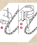 Oregon chainsaw grease gun split-panel instructional diagram showing lubricant applied to saw bar and chain.