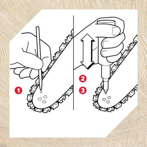 Oregon chainsaw grease gun split-panel instructional diagram showing lubricant applied to saw bar and chain.