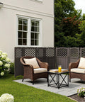 Outdoor Privacy Screen For Trash Cans And AC Units, 4 Panel Enclosure In Brown, weather resistant fence on patio beside chairs and table.