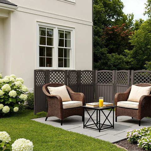 Outdoor Privacy Screen For Trash Cans And AC Units, 4 Panel Enclosure In Brown, weather resistant fence on patio beside chairs and table.