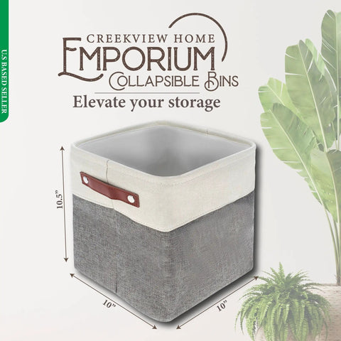 Fabric Cube Storage Bins Four Pack 10 Inch By 10 Inch Gray And White Foldable Storage Cubes with decorative plants