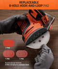 Person changing sandpaper on Cordless Random Orbital Sander 20V Brushless With 2.0Ah Battery; focus on 8-hole hook-and-loop pad.