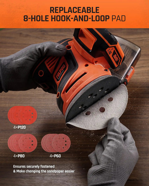 Person changing sandpaper on Cordless Random Orbital Sander 20V Brushless With 2.0Ah Battery; focus on 8-hole hook-and-loop pad.
