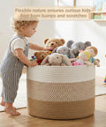Child playing with 70L Cotton Rope Basket For Living Room And Nursery, Boho Woven Toy Box, Kid Safe, Blanket Storage, Brown.