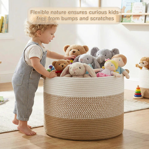 Child playing with 70L Cotton Rope Basket For Living Room And Nursery, Boho Woven Toy Box, Kid Safe, Blanket Storage, Brown.