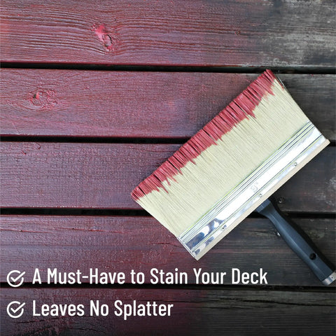 9 Inch Deck Stain Brush for Wood on stained deck, showing wide 9 inch bristle brush for fast even stains and sealants smooth finish workhorse