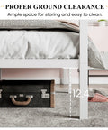 Full Size Canopy Bed Frame with Heavy Duty Metal Slats in White Four-Poster Style showing proper 12.4" ground clearance for storage.
