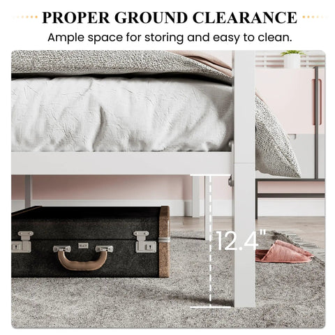 Full Size Canopy Bed Frame with Heavy Duty Metal Slats in White Four-Poster Style showing proper 12.4" ground clearance for storage.