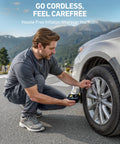 Man using L7 Mini Tire Inflator Portable Air Compressor With LED Light And Pressure Gauge on a car tire outdoors.