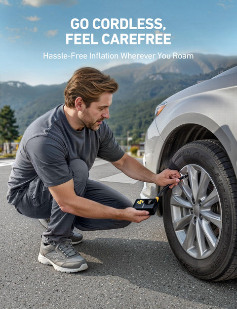 Man using L7 Mini Tire Inflator Portable Air Compressor With LED Light And Pressure Gauge on a car tire outdoors.