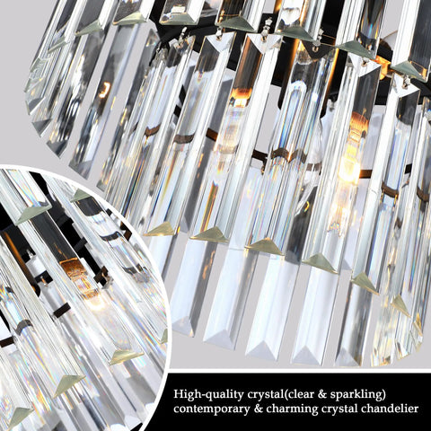 Close-up of real K9 crystals in 2 tier crystal chandelier with black finish for living room bedroom dining room and hallway