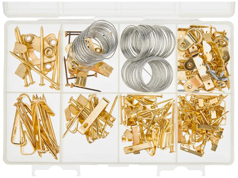 DIY Picture Hanging Hardware Kit 220 Piece Brass Finish Set With 24 Ten Pound, 14 Thirty Pound hangers in organizer case