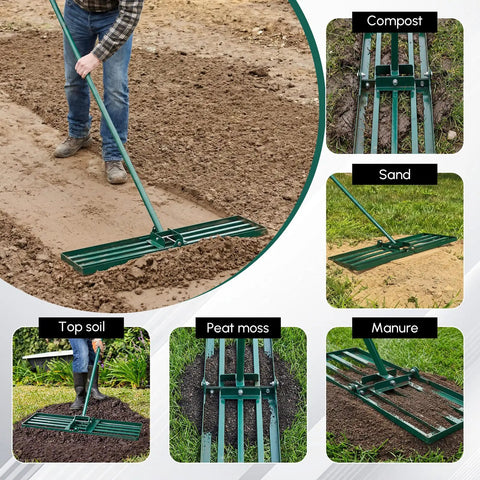 Heavy Duty Lawn Leveling Rake With 30 By 10 Inch Ground Plate leveling soil and dirt for lawn and garden maintenance.