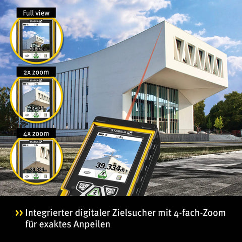 Long Range Laser Distance Meter With Bluetooth App For iPhone And iPad, Measures From 0.17 To 656.17 Feet, Lightweight Durable Digital Measuring Tool For Pros And DIYers, showing 4x zoom display for building targeting