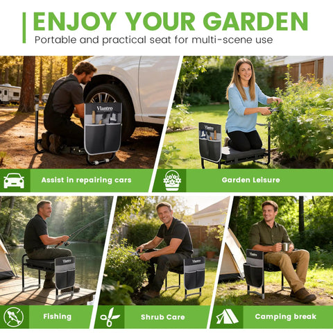 2-In-1 Garden Kneeler And Seat For Seniors And Garden Lovers, Heavy-Duty Foldable Bench used for car repair, gardening, fishing, shrub care, and camping.