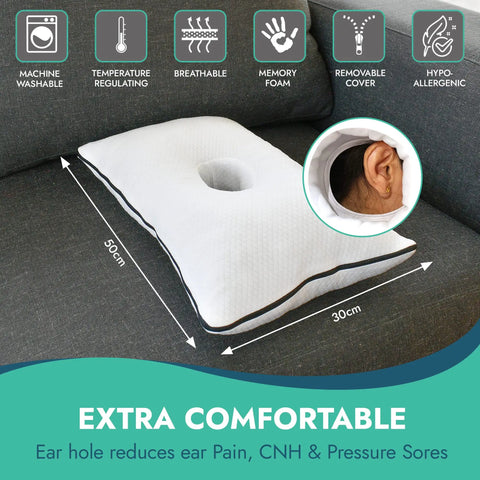 Ergonomic Memory Foam Ear Pillow With Ear Hole For Side Sleepers, Relief From Ear Pain And Post Piercing, 50x30cm, Firm Support, Breathable Cotton Poly Cover, Ideal For Chondrodermatitis CNH Comfort displayed on couch