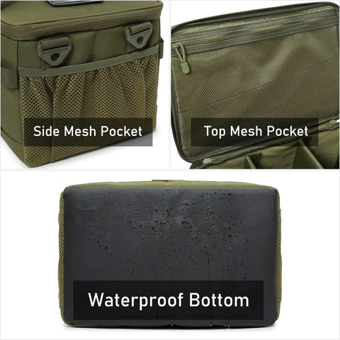 18L Tactical Camping Storage Bag With Shoulder Strap And Utility Tote, water-resistant with side mesh pockets and waterproof bottom.