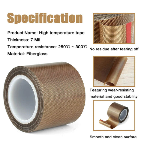 Pro Grade PTFE Tape For Impulse And Vacuum Sealers 1 Inch Wide 30 Feet Long Heat Resistant Up To 500F, shown rolled with specs