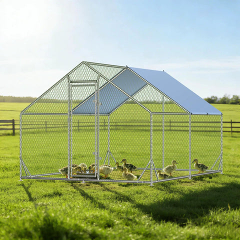 Heavy Duty Walk In Chicken Coop With Peak Roof And Waterproof Cover 13 By 9.8 By 6.4 Feet Poultry Enclosure in a field with ducks inside