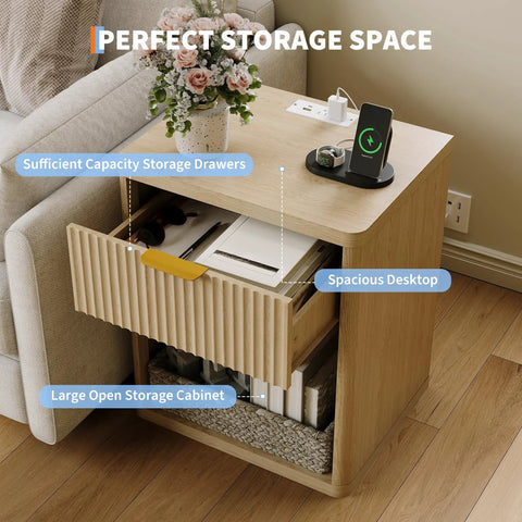 Fluted Nightstand With Built In Charging Station One Drawer And Open Storage Metal Handles Curved Edges Mid Century Modern Bedside Table For Bedroom Or Living Room Must Have